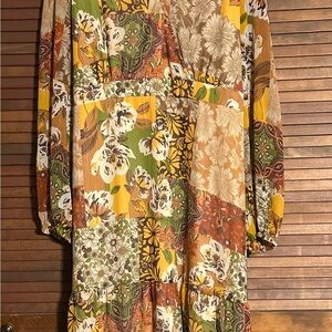 Cato Yellow and Orange Midi Sundress with Long Bishop Sleeves